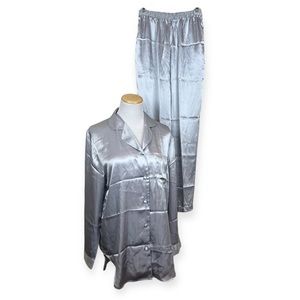 DELICATES Womens Silver Gray Satin Oversized Button Front 2 Pc Pajama Set Y2K